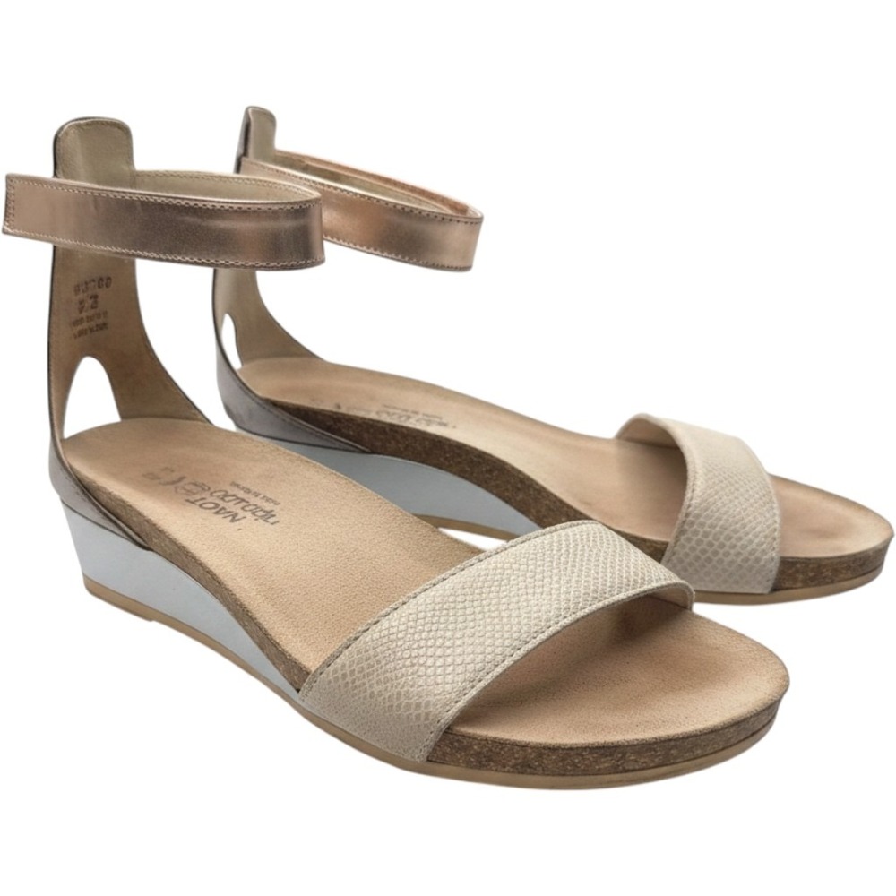Naot Metallic Pixie Wedge Sandals Beige Rose Gold Silver Leather Size 40EU 9US
